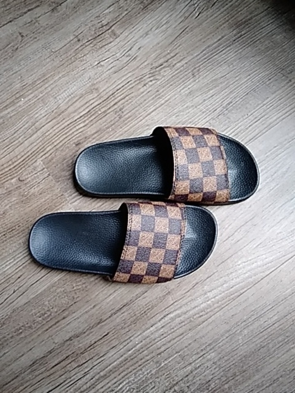 Checkerboard Slide Sandals in Brown and Black